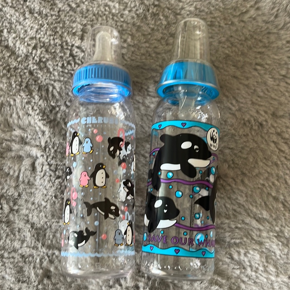 Vintage Cherubs & WWF Baby Bottle LOT Plastic 8oz WHALES SEA LIFE